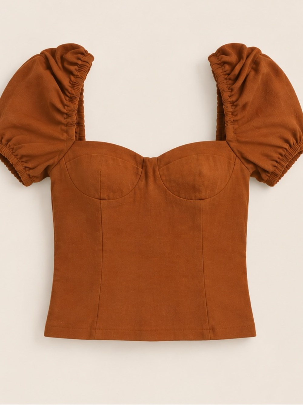 Wilfred Rust Brown Puff Sleeve Sweetheart Crop Top